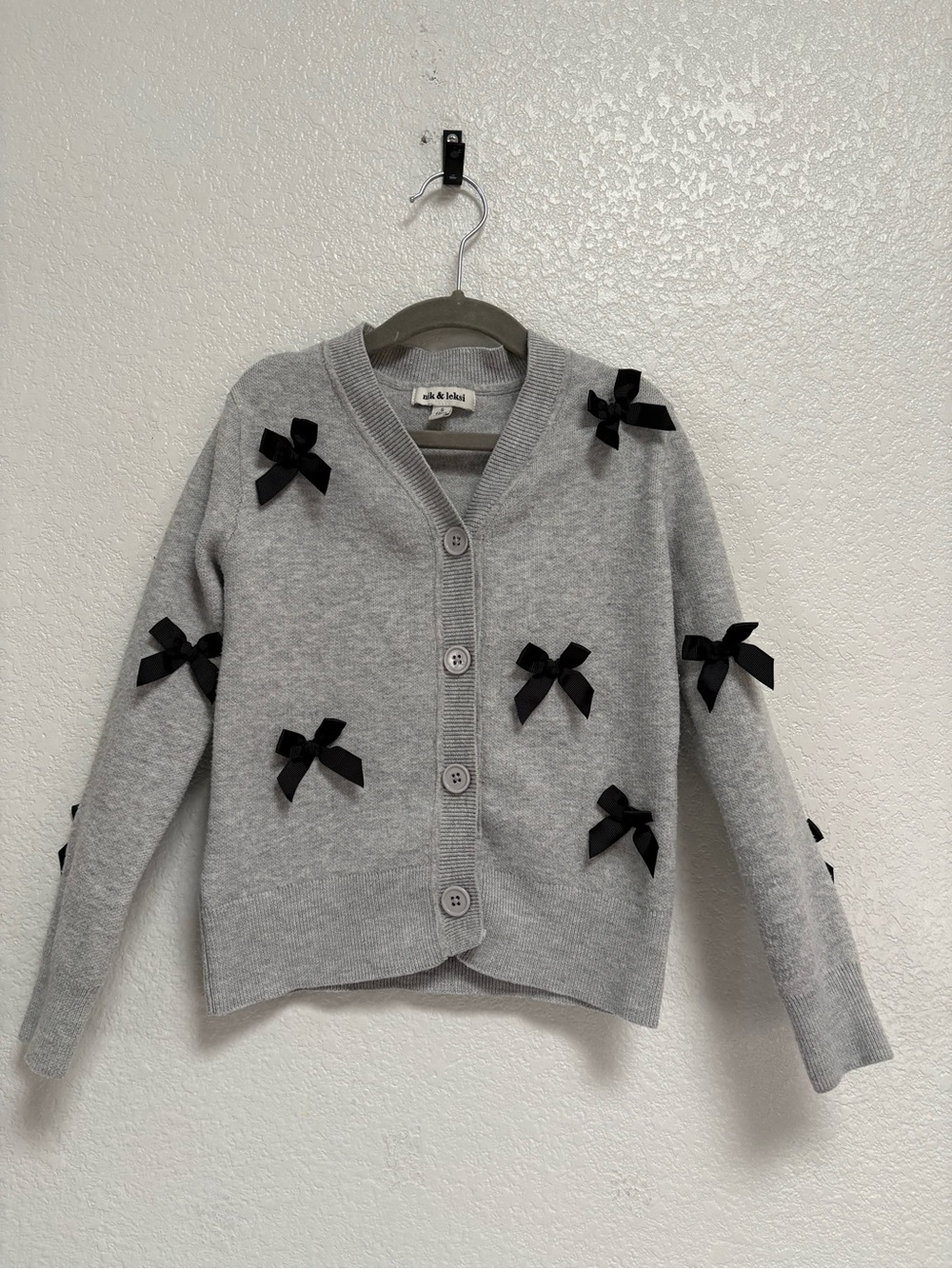 Girls' Gray Cardigan with Black Bow Accents